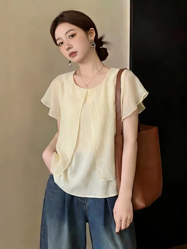 

Chic Women's Short Sleeve Shirt Summer New Style Large Size Beautiful Small Top Snowflake Chiffon Korean Style Commute Wind