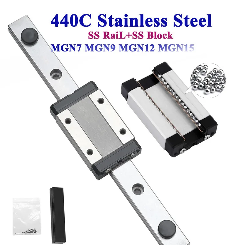 440C Stainless Steel MGN7 MGN9 MGN12 MGN15 100-800mm Miniature SS Linear Rail Slide 1pcs MGN Linear Guide+ 1pcs MGN Block 3D