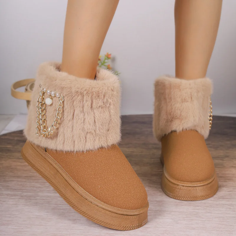 

Autumn Winter Warm Thick-Soled Snow Boots Korean Style Furry Mid-High Tube Comfortable Buckle Snow Boots Cotton Shoes