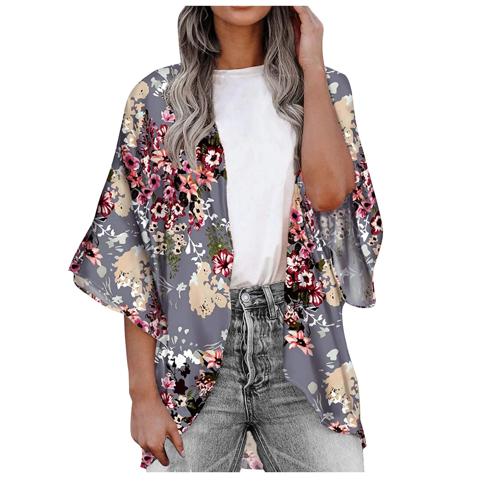 Women Chiffon Floral Print Kimono Loose Half Sleeve Shawl Cardigan Cover Up