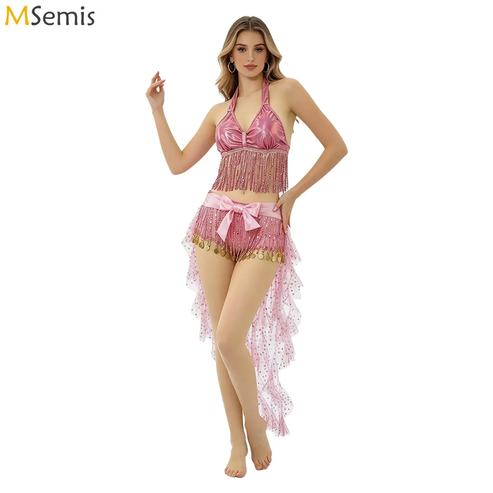 Women 3-piece oriental Belly Dance Outfit Sequin Tassel Padded Bra Top with Lace-up Waist Chain and Open Front Split Tulle Skirt