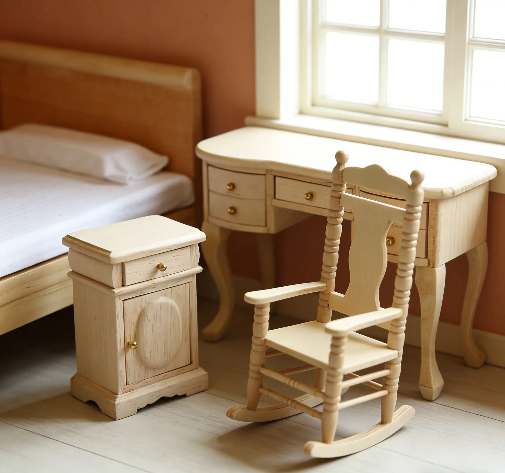 1-12-scale-dollhouse-miniature-furniture-wooden-bed-nightstand-desk-modern-log-bedroom-micro-scene-decor