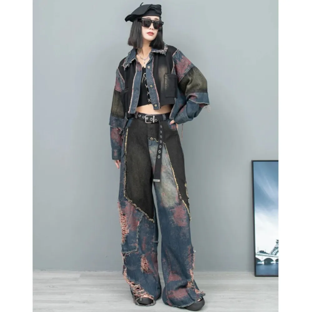 

2024 Spring Autumn New Personalized Denim Long Sleeved Jacket Burr Edges Holes + Wide Leg Pants Two-piece Set Women LX080