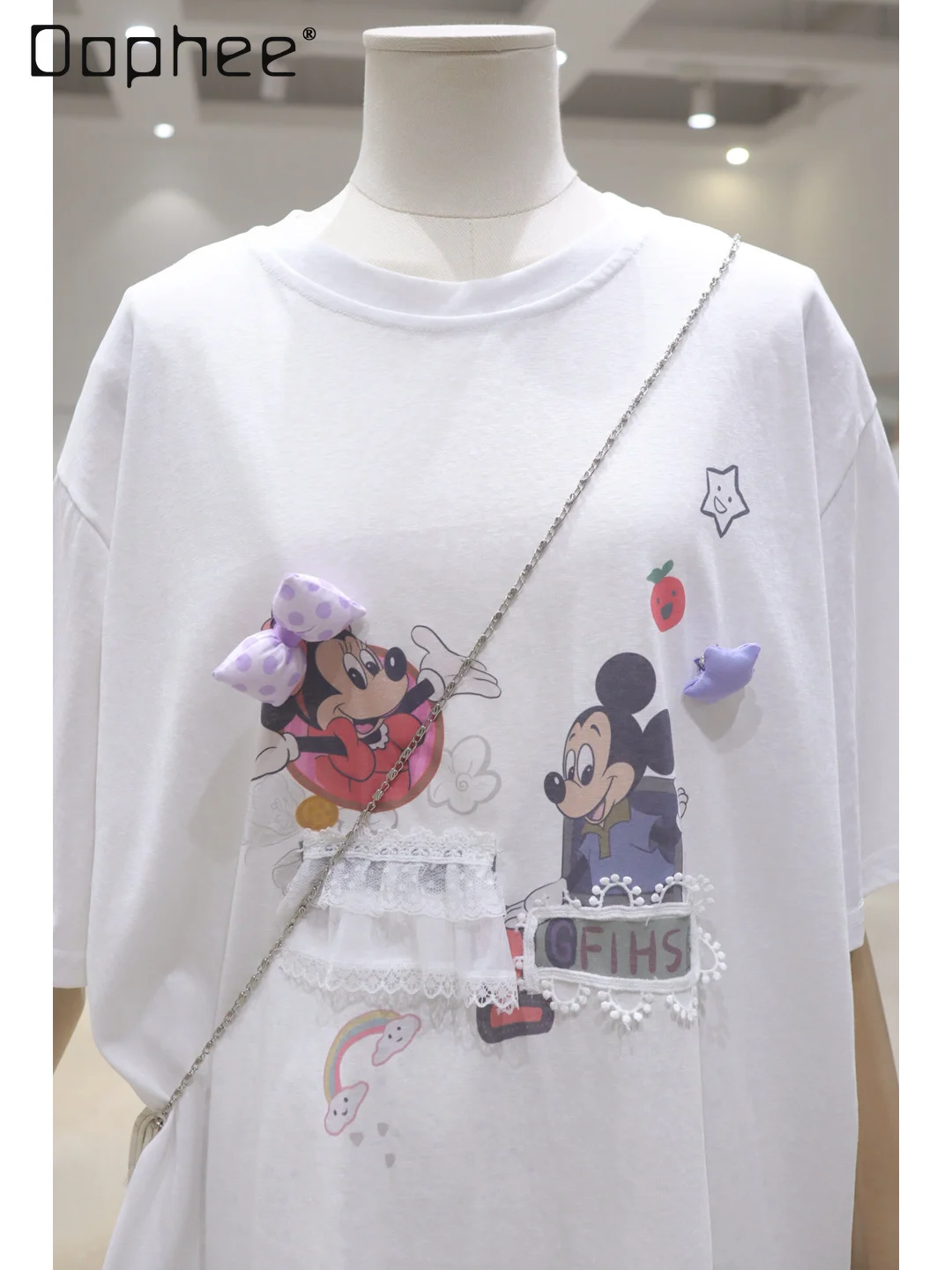 

Lace Splicing Bow Pendant Cartoon Top Female Tops 2025 Summer Loose Breathable Cotton Short-sleeved T-shirt Women Kawaii Clothes