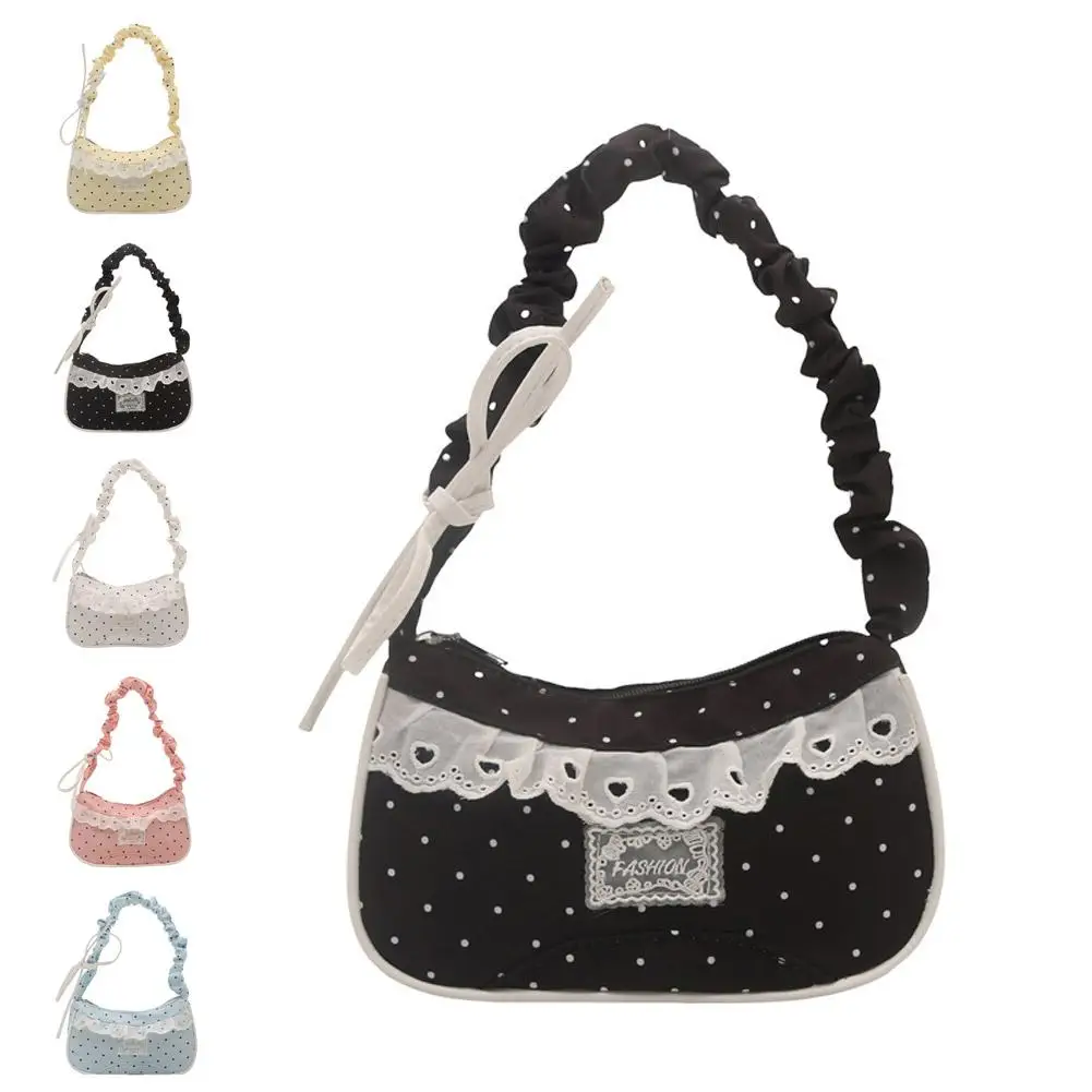 Niedliche Spitzen-Schultertasche mit Tupfenmuster, Süße Unterarmtasche mit Schleife, Y2k Mode, Lässige Schultertasche, Umhängetasche – Detail 34