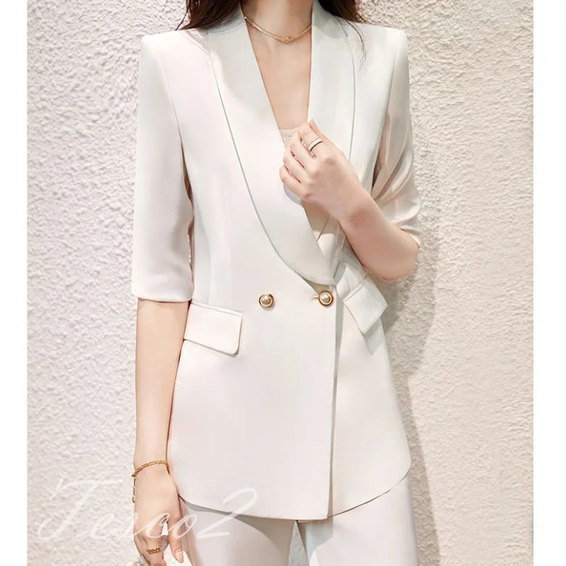 Tesco Summer Women's Suits Half Sleeve Blazer+Flare Pants White Pants Sets 2 Piece 2024 Elegant Women Sets For Wedding Party