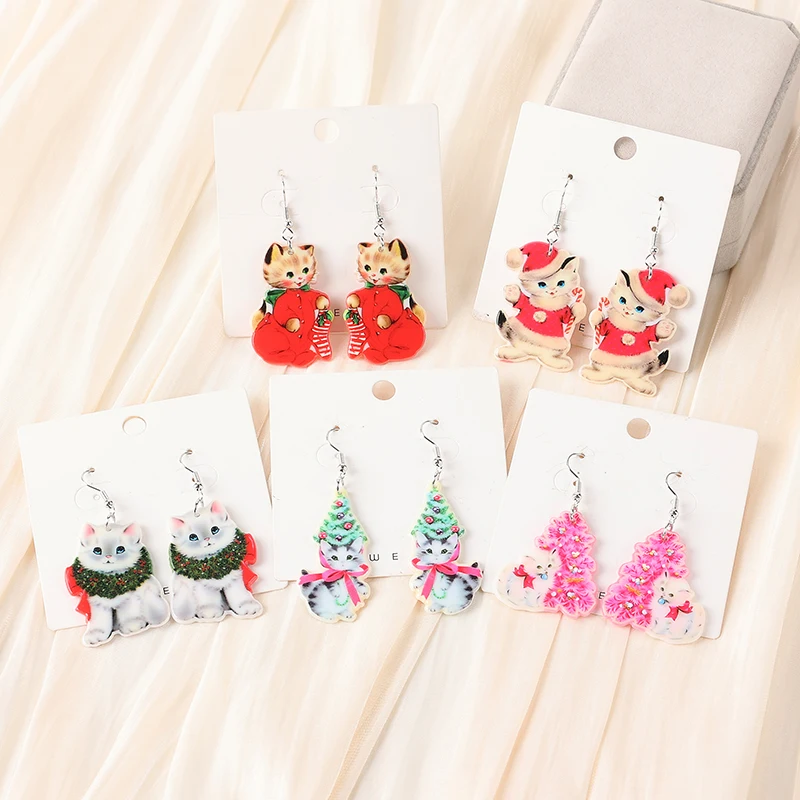 1Pair Christmas Drop Earrings Creative Acrylic Cats For Woman Girl Holiday Birthday Gift