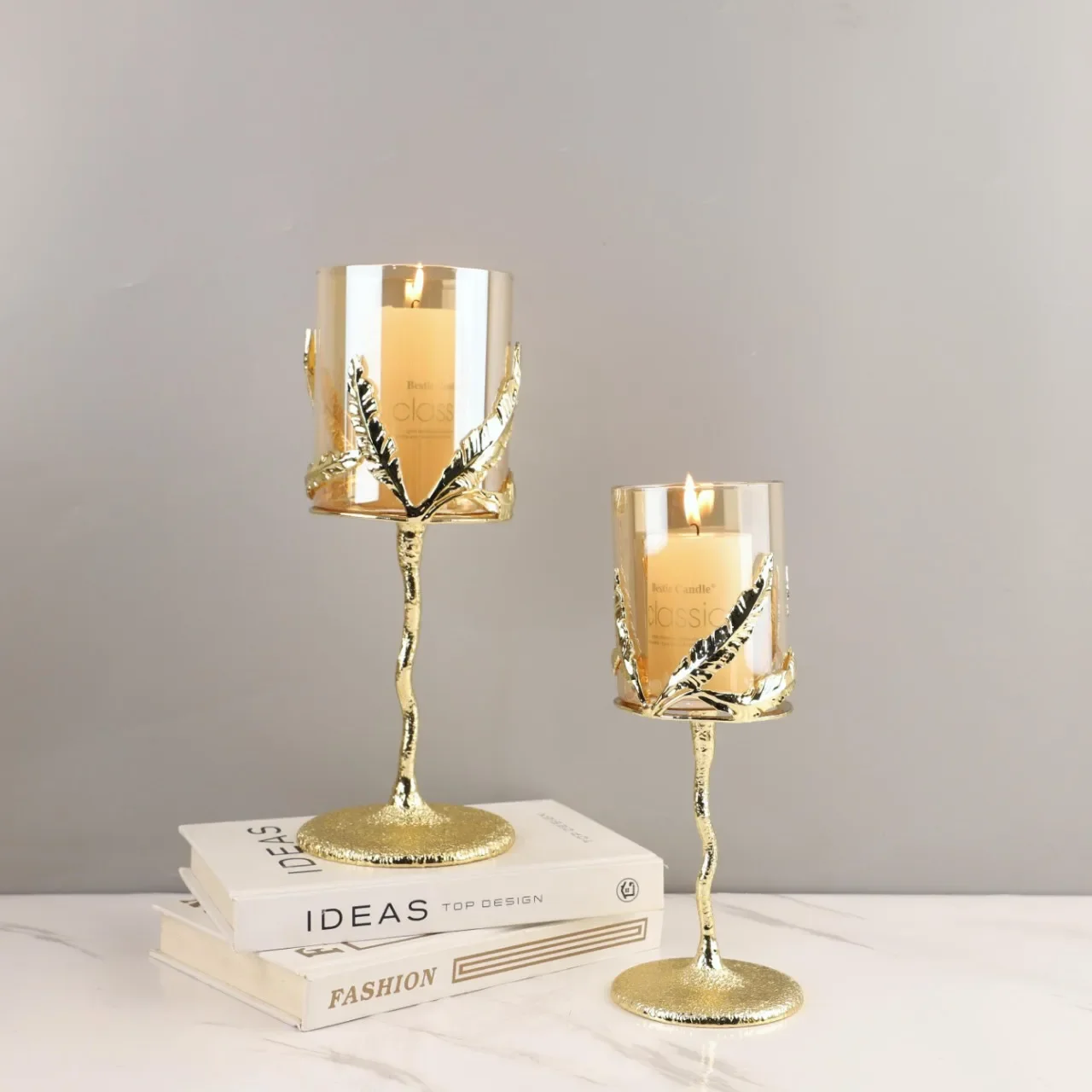 

Metal Candle Holder Candelabrum Candlestick Clear Glass Golden Leaf Gold Candle Holders Candelabros Wedding Decoration