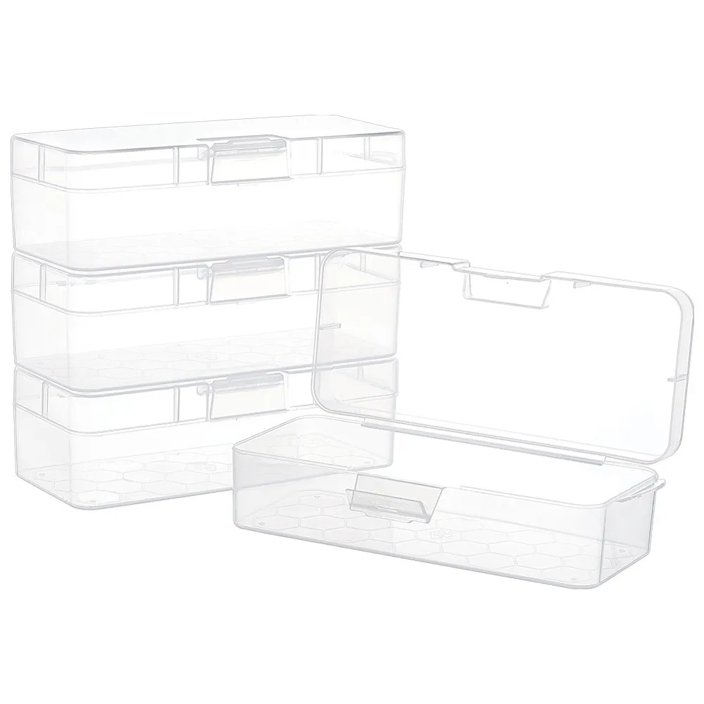 Set of 4 Clear Plastic Storage Boxes with Hinged Lids – Rectangular Containers for Organizing Crafts, Stickers, and Beads