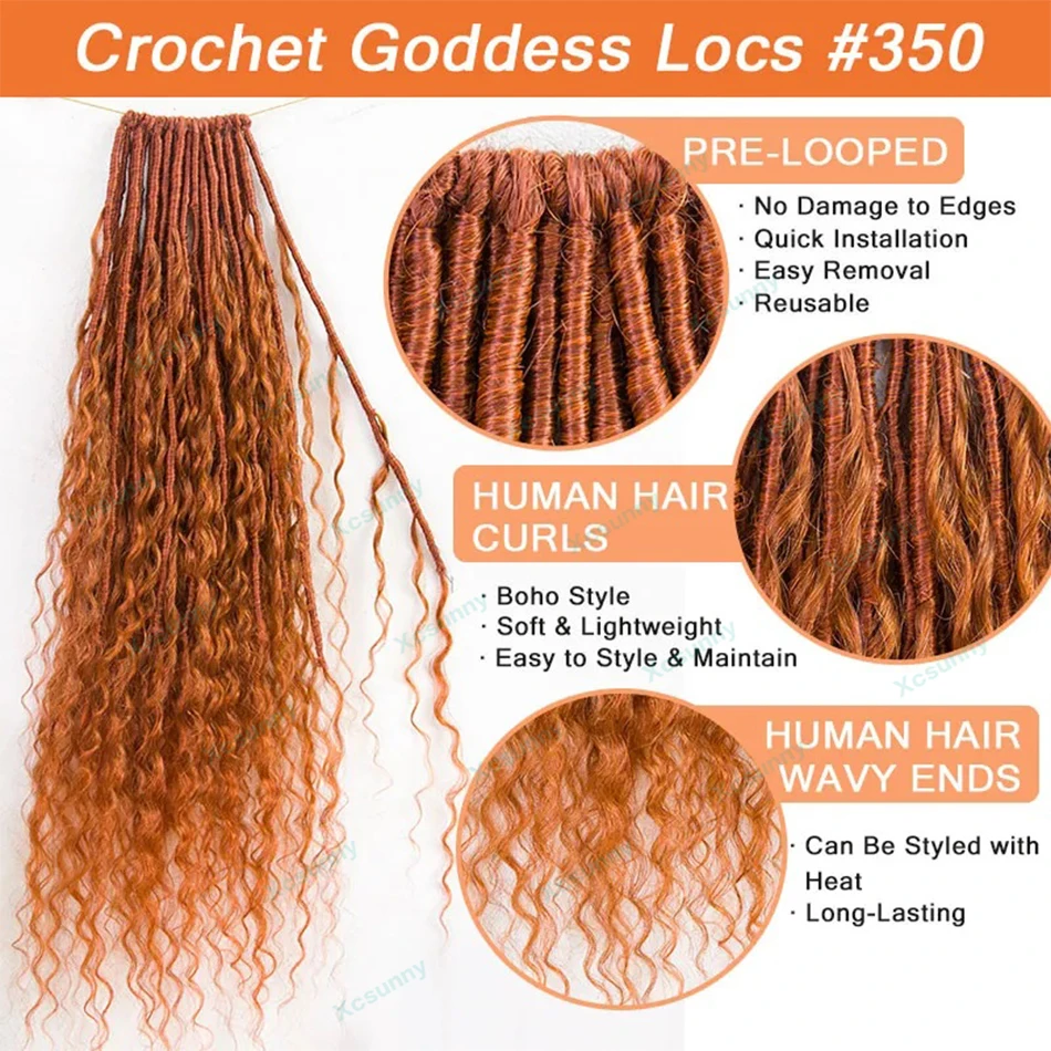 350 Solid Ginger Pre Looped Crochet Boho Locs With Human Hair Curls Deep Wave Crochet Boho Locs Hair Extensions For Women