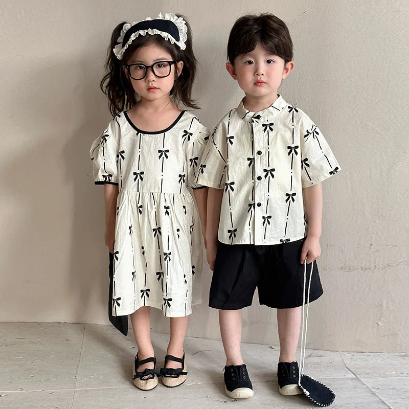 

MILANCEL New Spring Kids Clothes Set 1-9T Girls Cute Bow Short Sleeved Dress Children Outwear Boys 2PCS Outfits