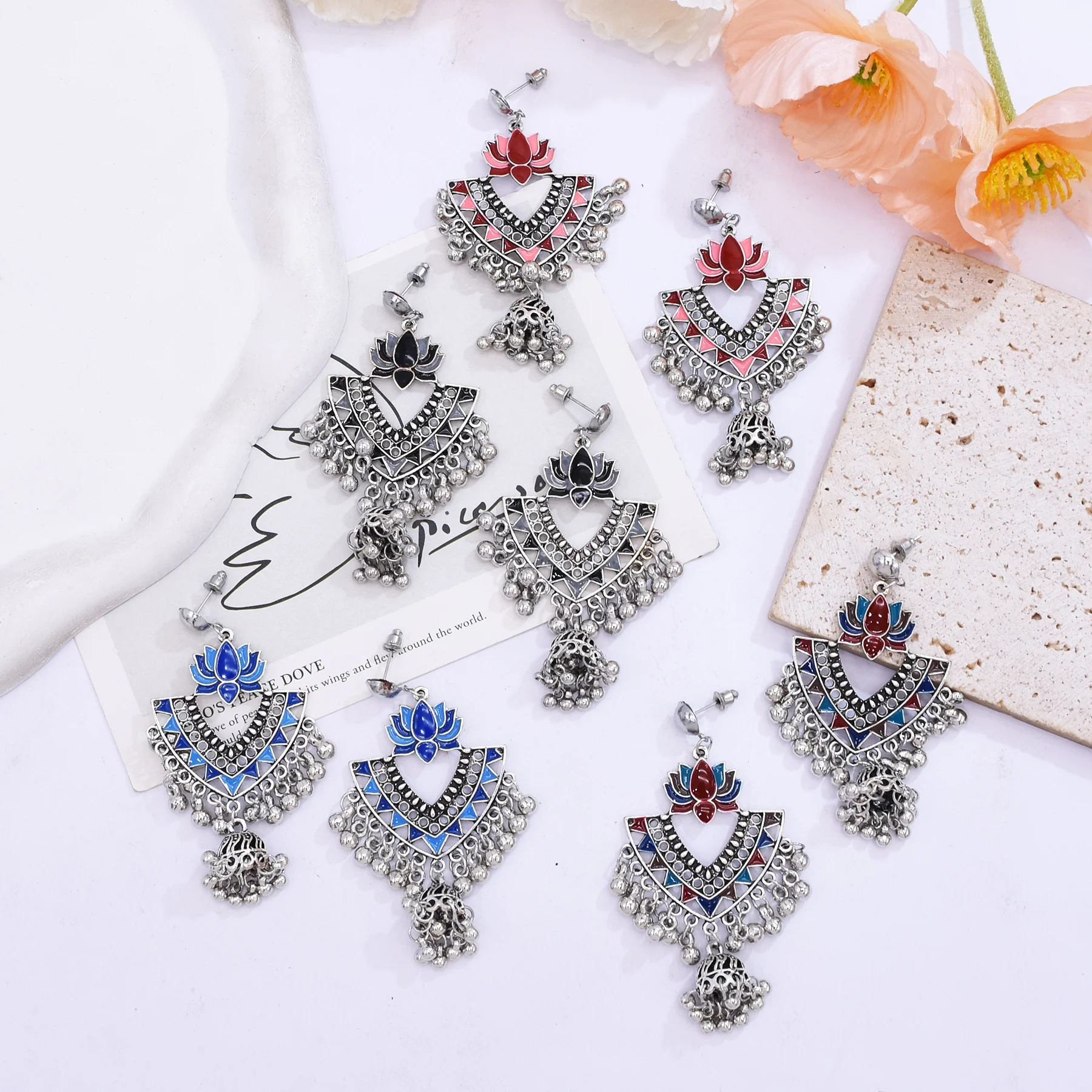 Bohemian New Lotus Hollow Lantern Bell Tassel Pendant Women's Earrings, Classical Ethnic Style Design Accessories