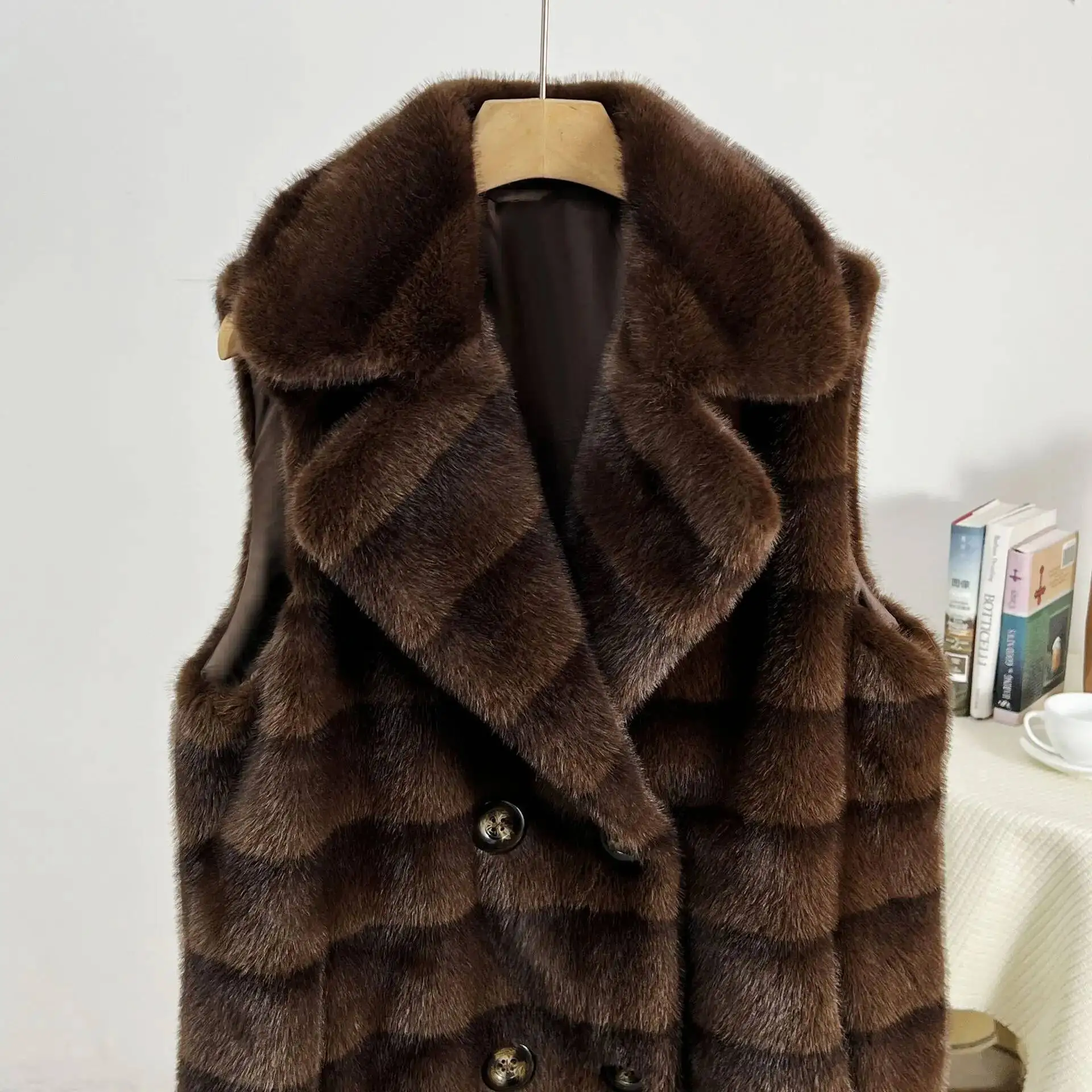 2026 Winter Women Mink Vest Solid Double Breasted Sleeveless Lady's Long Faux Outwear Versatile Warm Female Eco Fur Coat