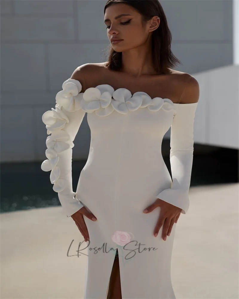 LRosella Custome Long Sleeve Off The Shoulder Handmade 3D Flower Bridal Gown Split Zipper Sweep Train Floor Length Wedding Dress