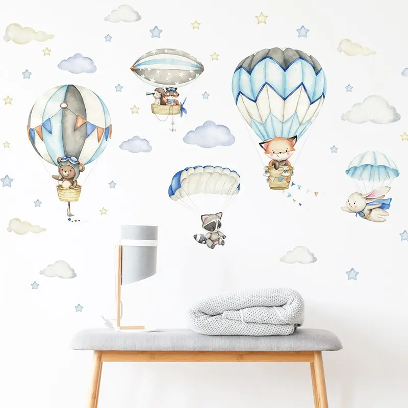 1PC Watercolor Animals Hot Air Balloon Clouds Stickers for Waterproof Removable PVC Kids Room Kindergarten Home Decoration