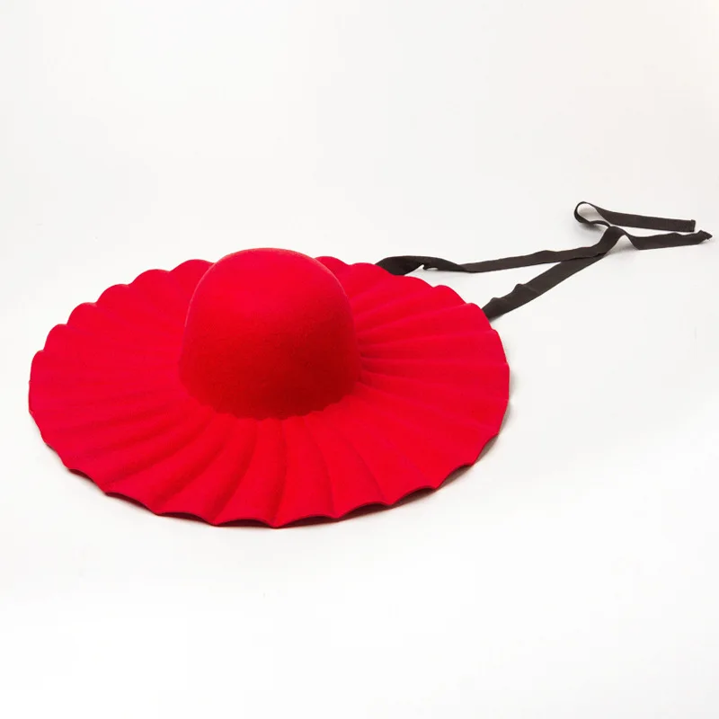 Autumn Winter New Delicate Woolen Shell Crease Big Brim Sun Hat Concave Shape Big Brim Wool Felt Hat