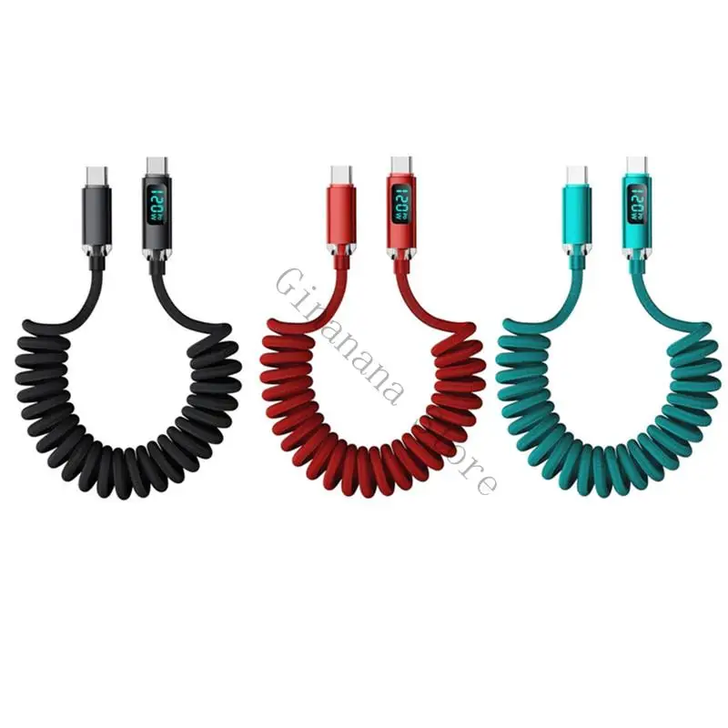 Retractably Type C To Type C Cable 120W Rapid Charging Spring Design Braide Cord 480mbps Tansfer For Laptop Phone Tablet