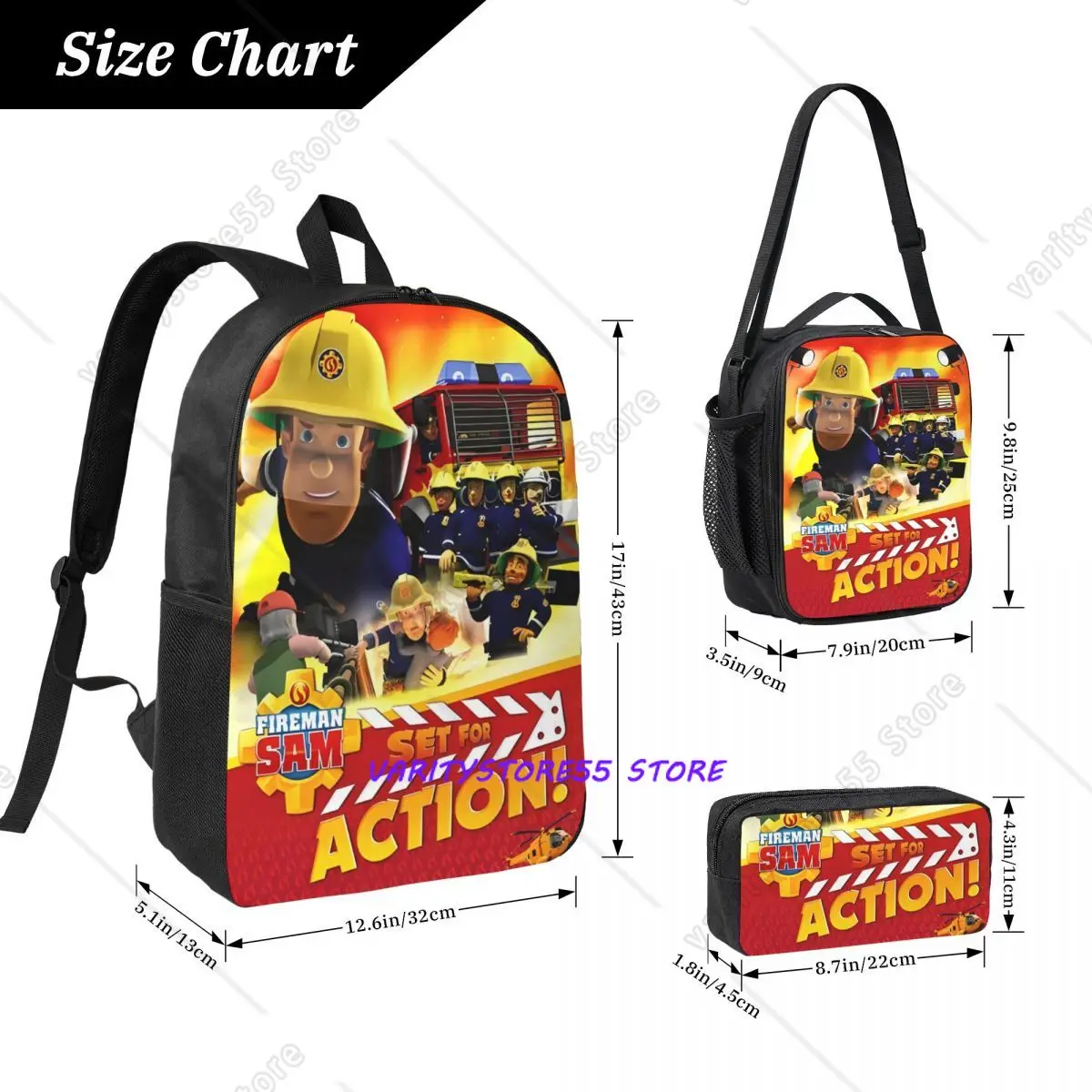 3Pcs Fireman Backpack Set for Children Pen Bags Bookbag Sets with Lunch Box for School Students Knapsack