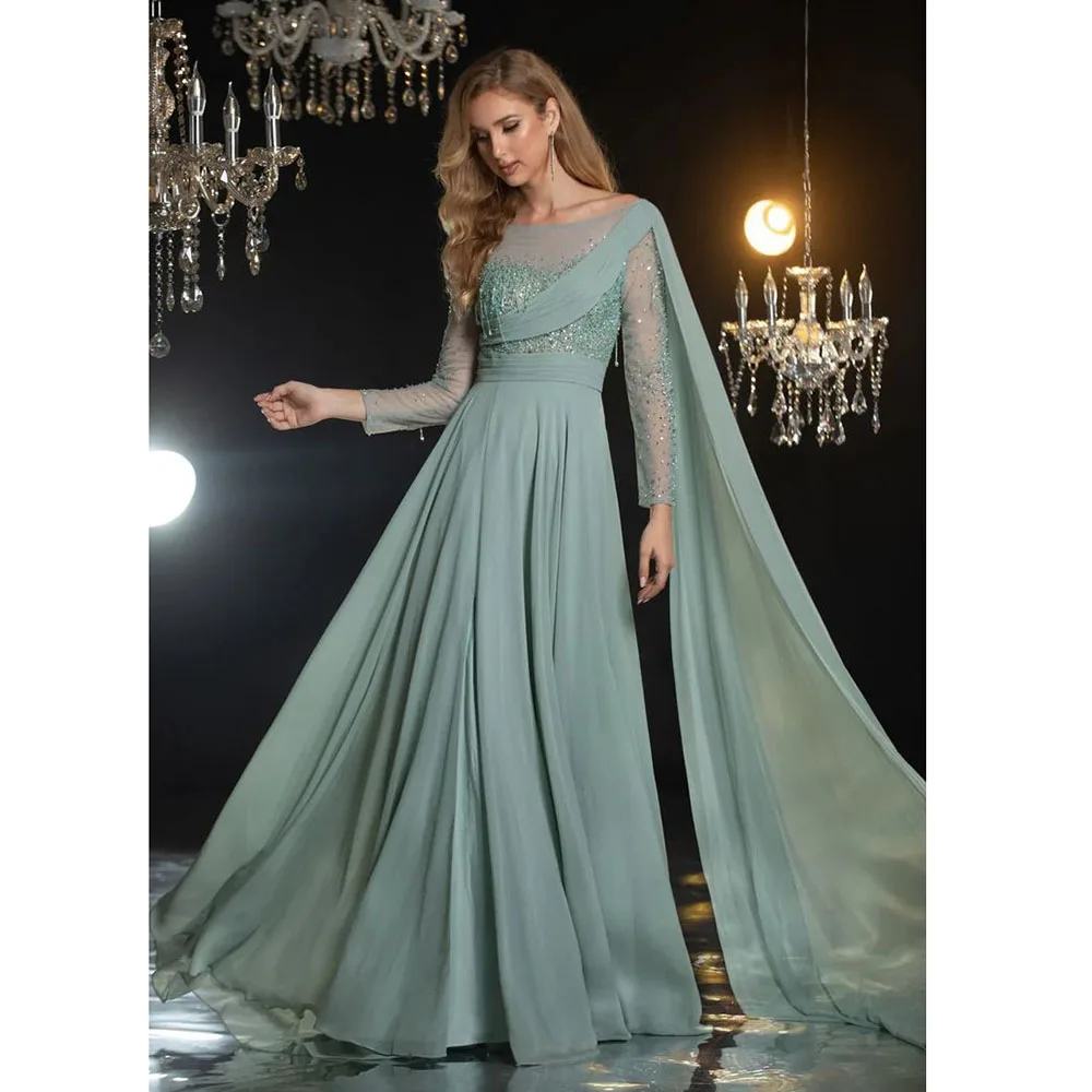 Vestidos de fiesta de noche elegantes a la moda, azul y verde, cuello redondo, largo hasta el suelo, mangas completas, corte en A, ilusión Sexy, vestidos de graduación brillantes para mujer