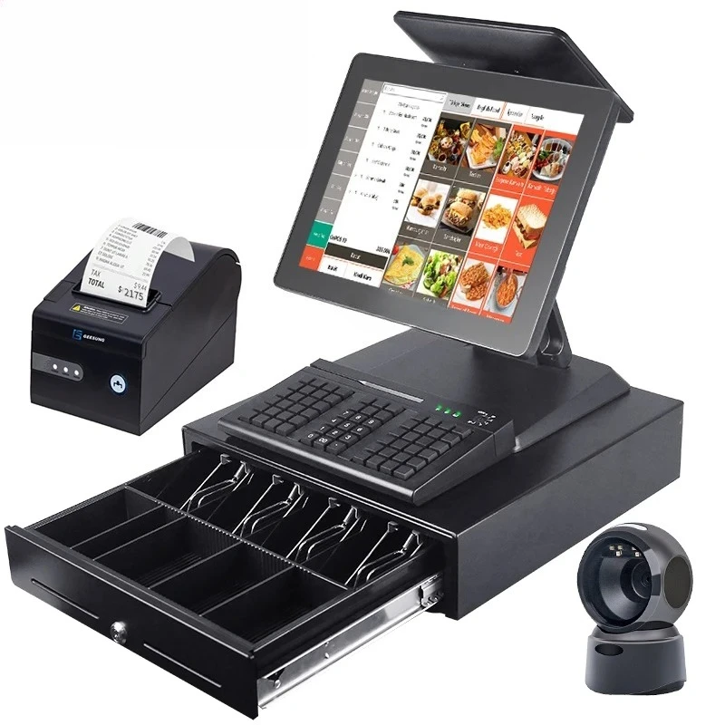Caja registradora inteligente con pantalla dual, terminal de pago sin caja, sistemas POS con pantalla táctil todo en uno para restaurantes