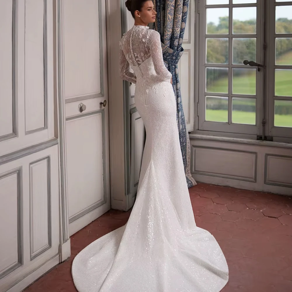 Customized Glamorous Beaded Long Sleeved Wedding Dress Modest High Collar Bridal Gown New 3D Floral Mermaid Bridal Gown
