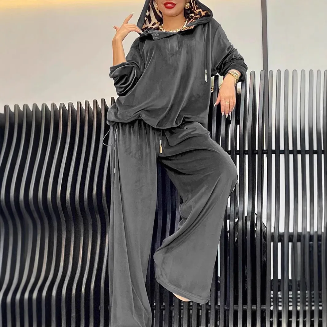 

Women's Velvet Two Piece Pants Sets Hoodie Pullover Casual Vintage Drawstring Wide Leg Trousers Soft Solid Matching Set Outfit