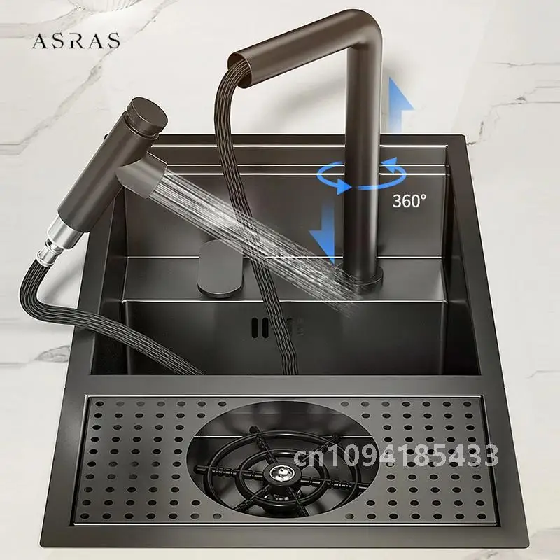 ASRAS Nano Black Small Size Kitchen Sink Cup Washer Hidden Bar Counter Cover Concealed Single Bowl Sinks With Lifting Faucet