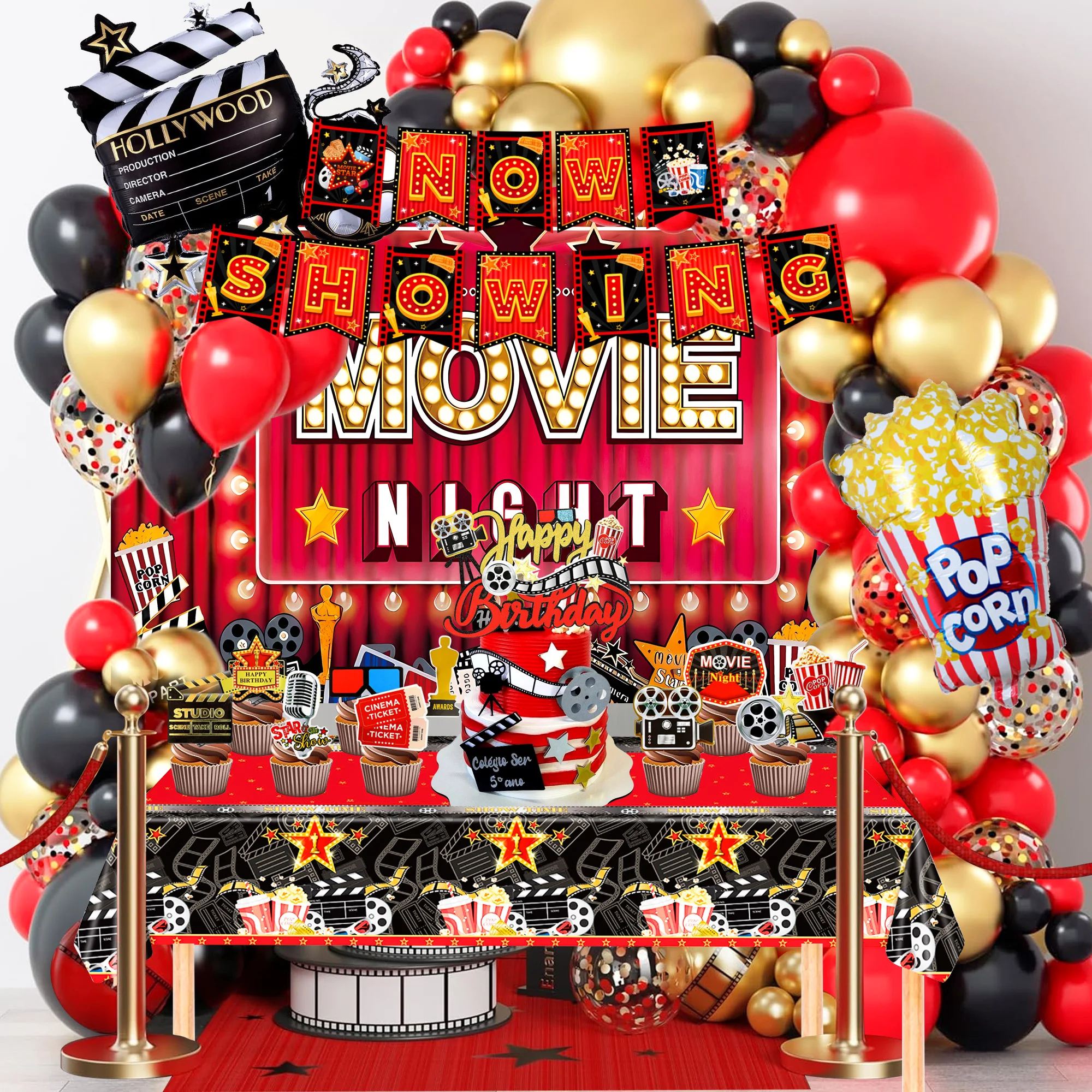 84 pezzi di articoli per feste a tema cinema, decorazioni per feste a tema cinema: palloncini, sfondo, tovaglia e striscione "Buon Compleanno a Tema Cinema" ecc. Decorazioni per feste di compleanno a