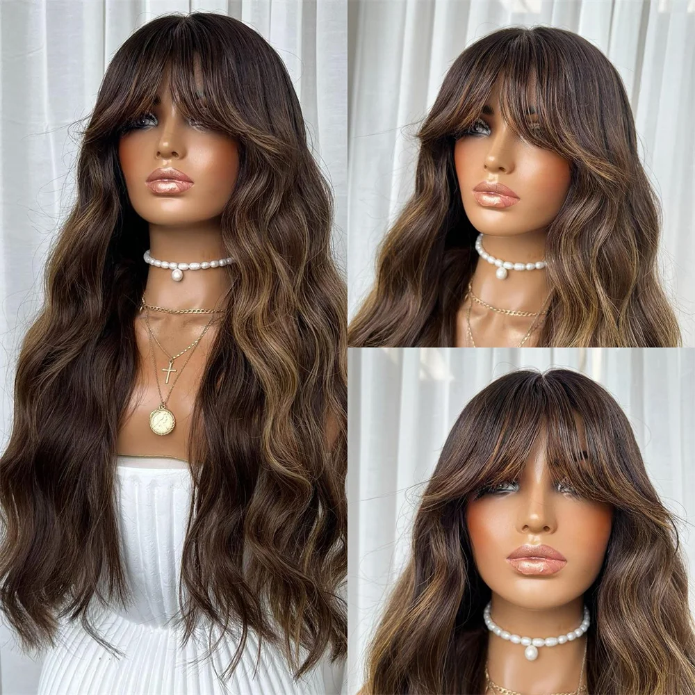 Dark Brown Blonde Highlight Human Hair Wigs With Bangs Brazilian Remy Hair HD Lace Front Wig Glueless Natuaral Look Hair Wigs