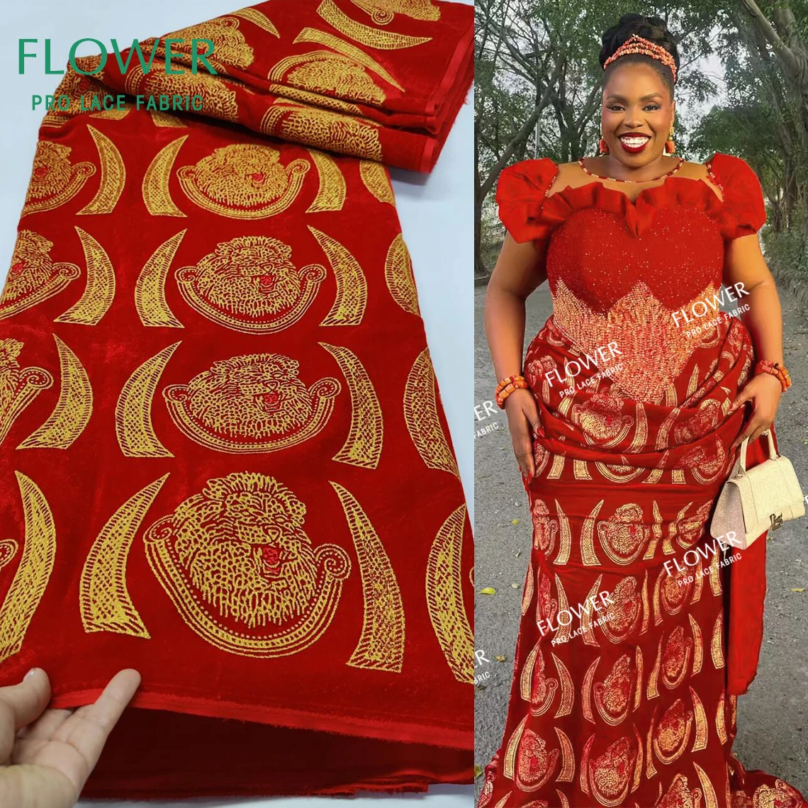

Последняя мода 2025 года, красный цвет, нигерийское классическое вечернее платье Анкара, бархатный кружевной материал, благородная леди, Нигерия, Джордж, кружевная ткань