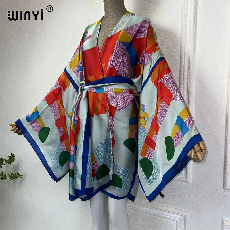 WINYI Kimono letnia odzież plażowa damska 2024 kardigan Boho Maxi afrykańska wakacyjna z długim rękawem jedwabna sukienka okrycie plażowe