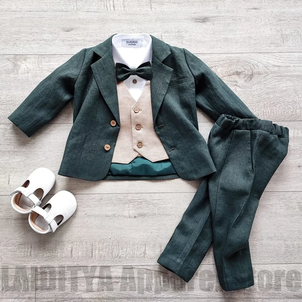 Baby Boys Linen Suit 3 Piece Set Blazer Waistcoat Trousers Kids Wedding Flower Boy Tuxedo Birthday Party Photography Outfit