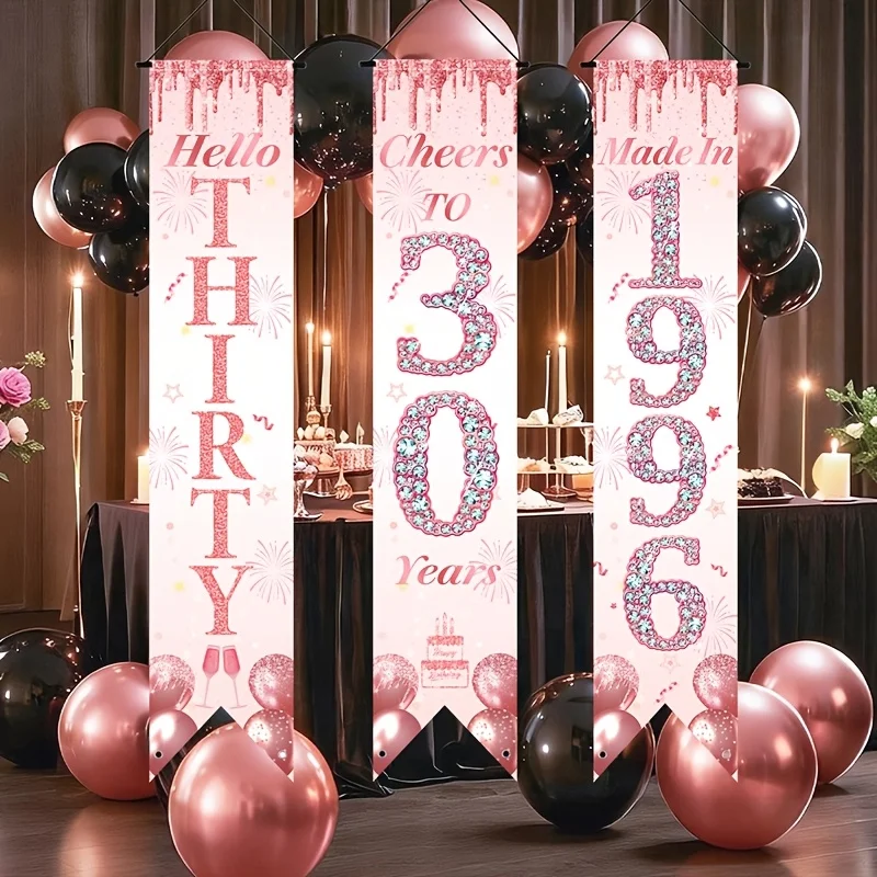 2D Flat 3Pcs Pink Gold 30th Birthday Door Banner Set, Balloon & Fishtail Design, Indoor Outdoor Home Party Hanging Decor - view 4