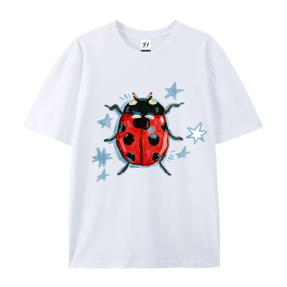 Watercolor Ladybug & Stars Graphic T‑Shirt Unisex Minimalist Funny Print Casual Short Sleeve Streetwear Tee Cute Aesthetic Gift