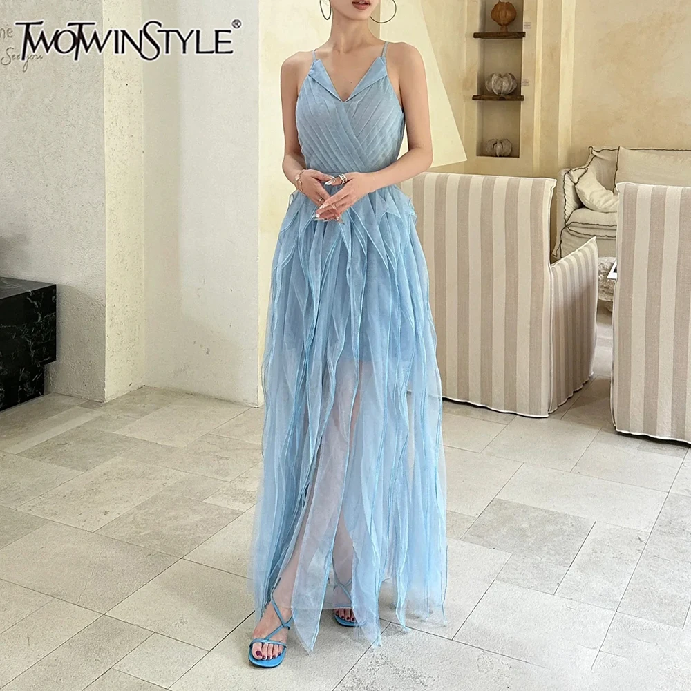 

TWOTWINSTYLE однотонные свободные модные платья миди для женщин с v-образным вырезом без рукавов в стиле пэчворк, сетчатое темпераментное платье, женская одежда, новинка