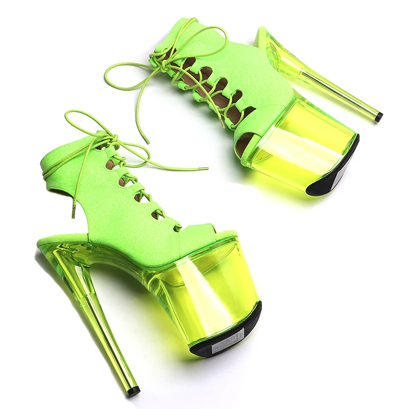 Leecabe  20CM/8inches  Glitter upper  Trend fashion Open Toe  transparent Green color High Heel   Pole Dance boots