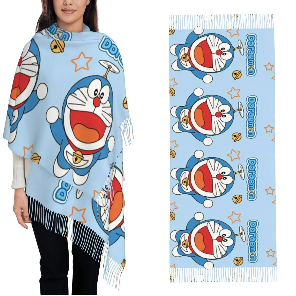 Kawaii Doraemon Flying Cartoon Scarf Women Fall Winter Pashmina Shawl Wrap Japanese Anime Long Scarves with Tassel Daily Wear