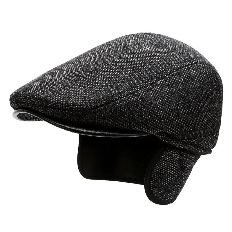 Autumn and Winter Men\'s Beret Warm Protective Ear Tweed Cap Sunshade Cotton Cap Octagonal Cap Old Man Forward Cap Painter\'s Cap