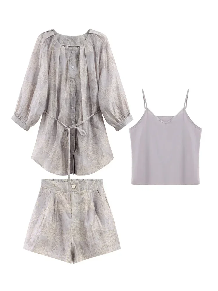 Summer Women Floral Print Two-Piece Set Lantern Sleeve Sunscreen Shirt Drawstring Shorts Casual Loose Outfit Plain Camisole