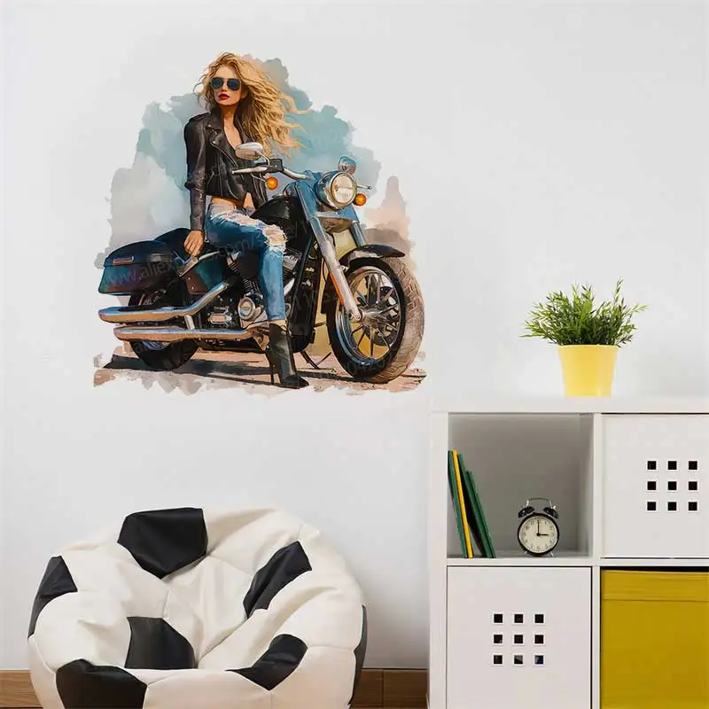 Long-Haired Girl with Sunglasses Motorcycle Riding Wall Sticker Living Room Sofa Background Decorative Home Wallpaper AA551