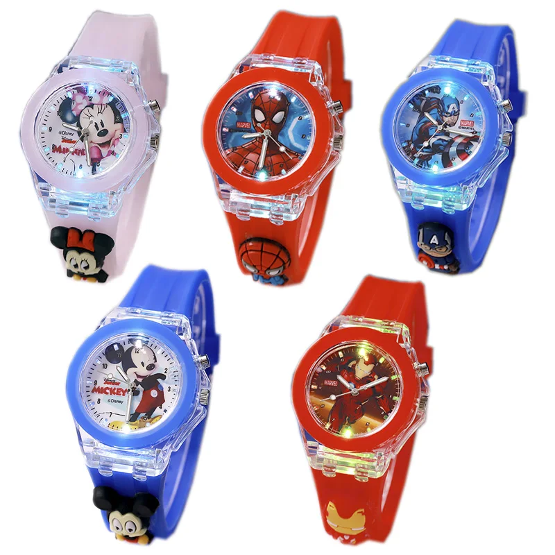 

Disney Mickey Mouse Boys Girls Watch Anime Spiderman Student Quartz Watch Color Light Source Silicone Clock Wrist