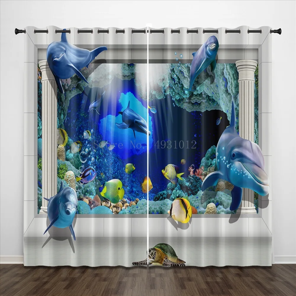 Modern 3D Prints Curtains for Living Room Bedroom Children Room Underwater World Dolphins Kids Curtain Blue Bedroom Decor