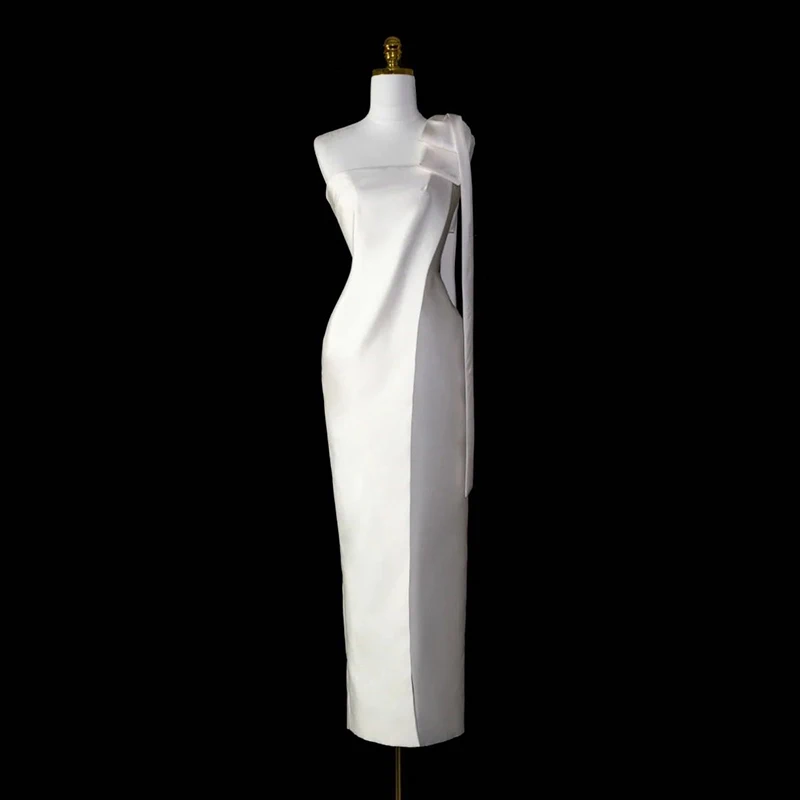 

Silk Satin Light Wedding Dr Simple Ele Hepburn Sle Single oulder Evening Gown for Small Brides White Ele Dr
