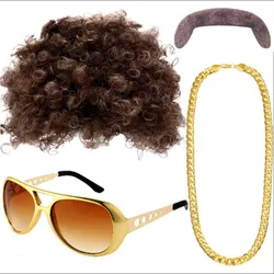 Conjunto de disfraz de discoteca con peluca corta Afro, gafas de sol, barba y collares de cadena de oro de imitación, color marrón, años 70 y 80, perfecto para fiesta Disco