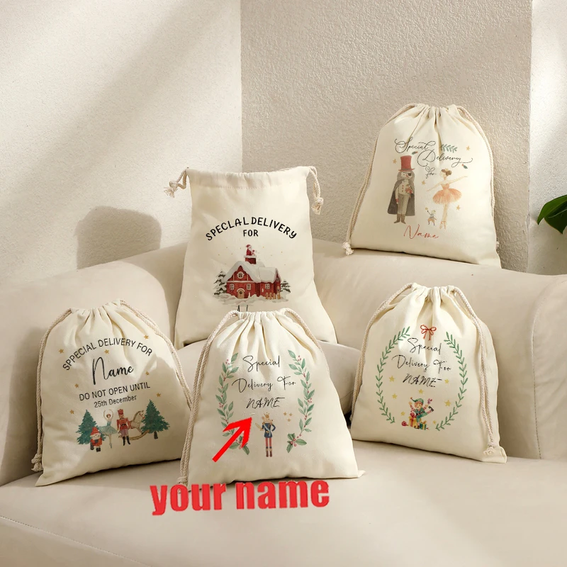 Custom Name Christmas Santa Sack Personalized Canvas Drawstring Gift Bag, Vintage Nutcracker Xmas Present Storage Pouch