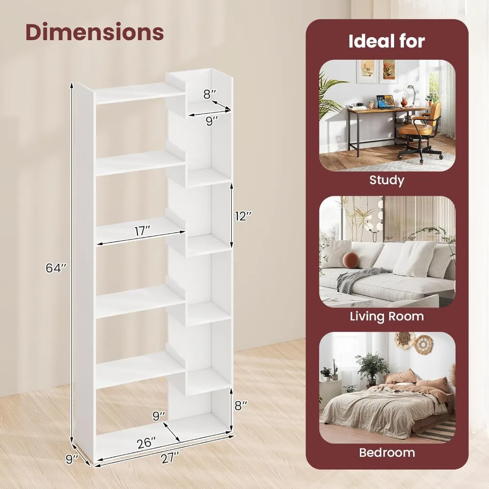 "Two-Piece Wooden Bookshelf Set with 11 Staggered Shelves and Anti-Tipping Features"