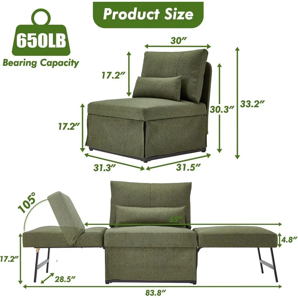 Upgraded 5-in-1 Convertible Sofa Chair with Adjustable Backrest, Linen Ottoman Bed, and Living Room Storage (Deep Green)