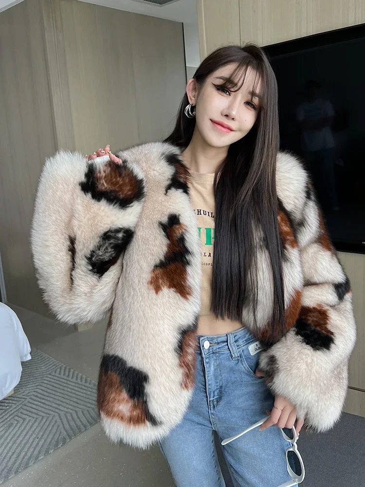 Big Leopard Imported Finnish Fox Real Fur Coat for Women Young Knitted Thick Warm Fur Sexy Club Jackets Autumn/Winter Outer Wear