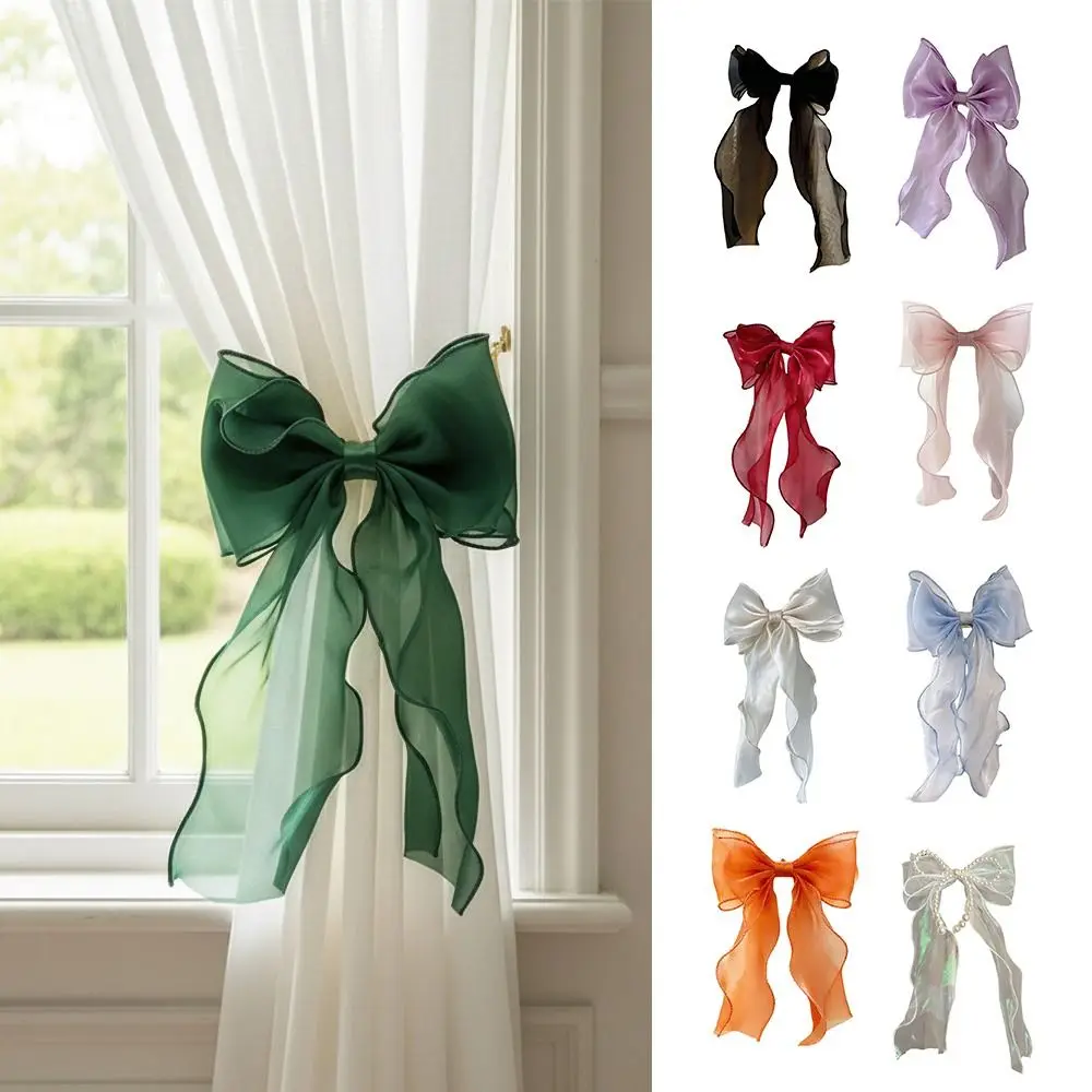 Silk Material Curtain Bow Tiebacks Translucent Mesh Pearl Decoration Curtain Holdbacks Elegant Style Lace Design