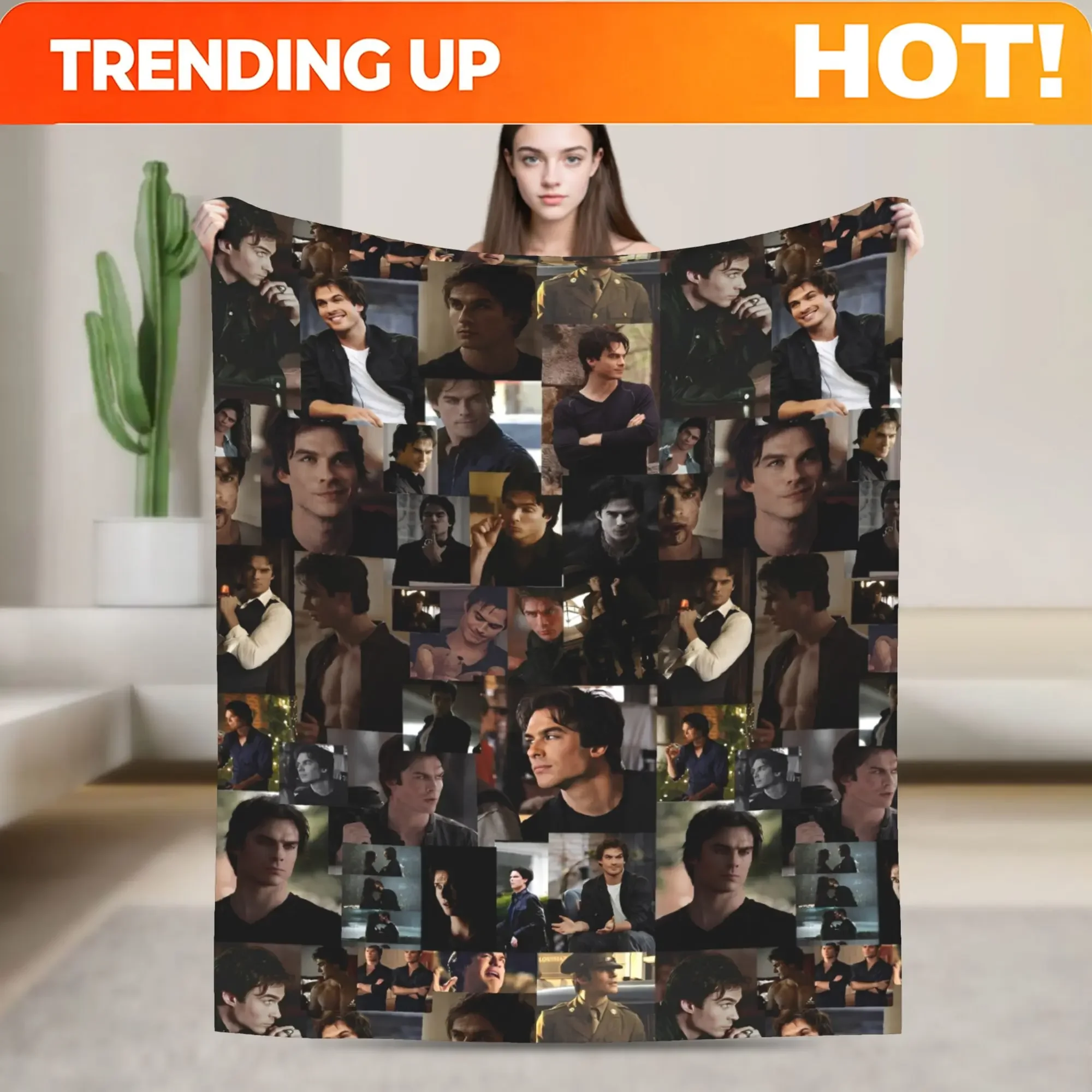 Custom The Vampire Diaries Damon Salvatore Blankets Quality Warm Throw Blanket Winter Airplane Travel Bedroom Aesthetic Bedspre